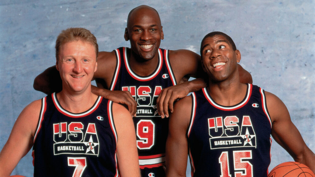 BARCELONA, SPAIN - 1992:  Larry Bird #7, Michael Jordan #9, and Magic Johnson #15 of the United States National Team pose for a photo during the1992 Summer Olympics in Barcelona, Spain.  NOTE TO USER: User expressly acknowledges that, by downloading and or using this photograph, User is consenting to the terms and conditions of the Getty Images License agreement. Mandatory Copyright Notice: Copyright 1992 NBAE (Photo byNeil Leifer/NBAE via Getty Images)